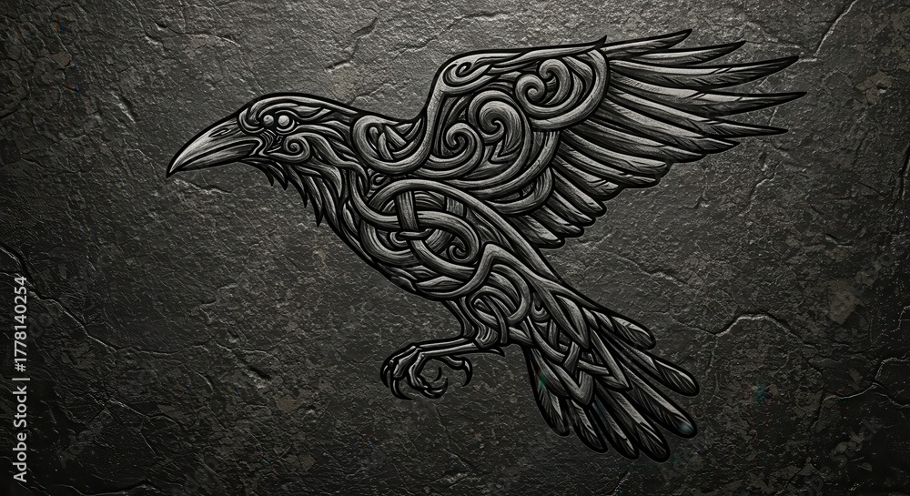 Obraz premium Intricate knotwork design depicting a bird in flight overlaid on a dark, textured stone background