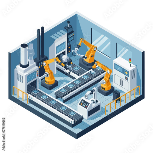 Automated Factory Assembly Line with Robotic Arms.