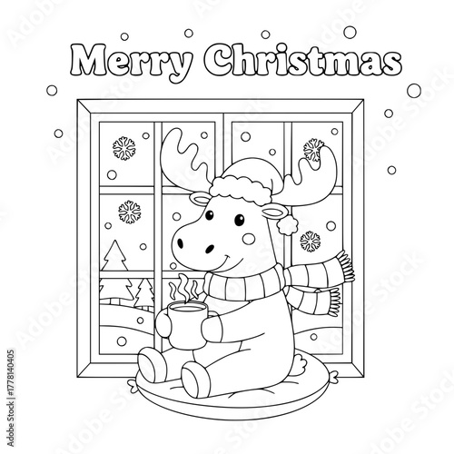 Moose enjoying hot cocoa by window with “Merry Christmas,” coloring book page for toddlers Generative aI