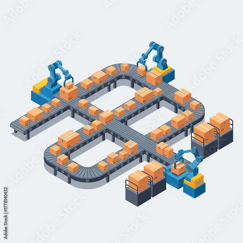 Automated Production Line with Robotic Arms and Boxes.