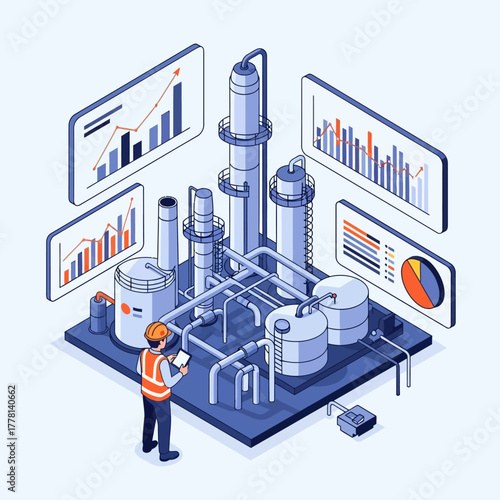 Isometric Oil Refinery Plant with Data Analysis.