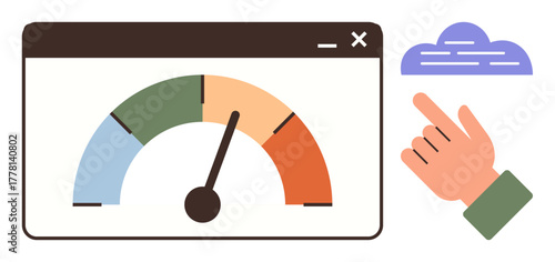Speedometer in a browser window indicating performance level, hand pointing toward cloud upload icon. Ideal for efficiency, monitoring, analytics, speed, optimization, cloud computing progress. Flat
