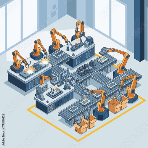 Automated Industrial Production Line with Robotic Arms.