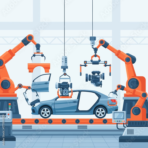 Automated car assembly line in a factory.
