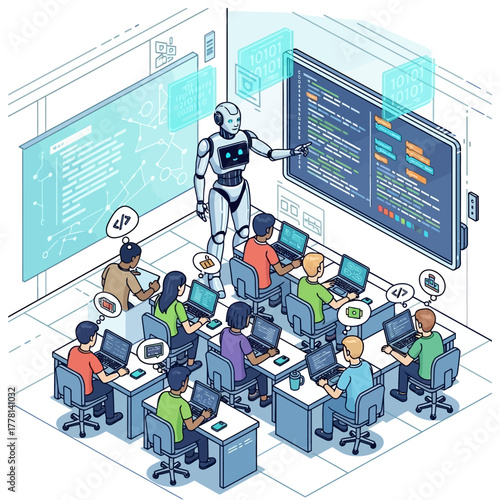 Robot Teaching Coding to Students in Classroom.