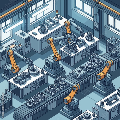 Isometric Factory Automation with Robotic Arms.