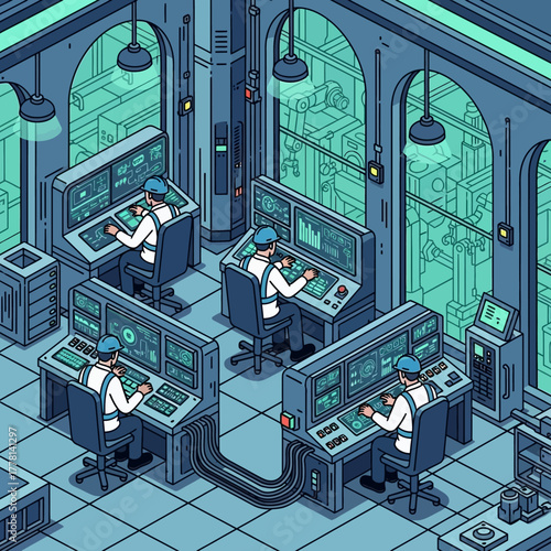 Isometric Control Room with Operators Illustration.
