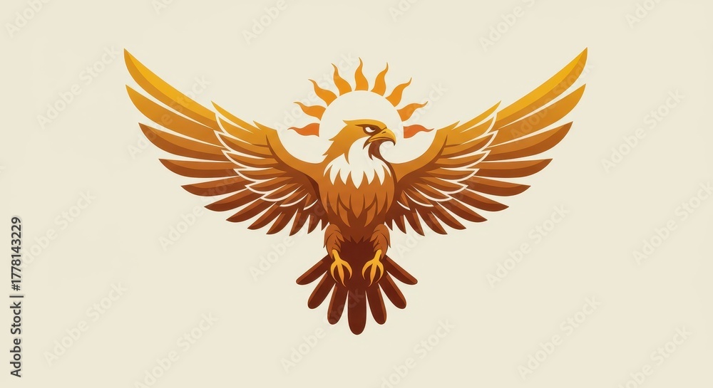 Obraz premium Stylized golden eagle graphic with rising sun emblem centered above the bird