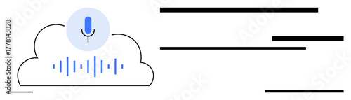 Microphone above cloud with soundwave icon portrays digital voice processing and cloud-based AI. Ideal for technology, AI, machine learning, speech recognition, data storage, automation, simple flat