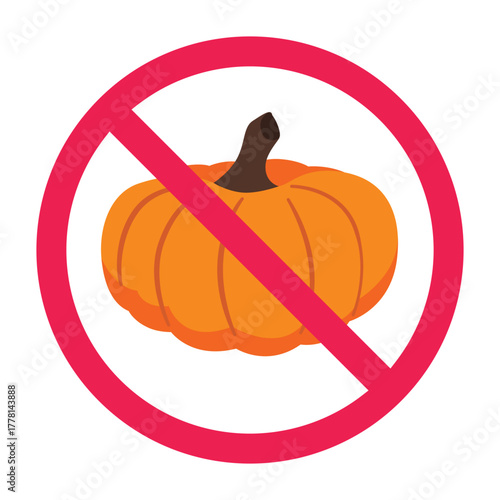 No pumpkin sign, forbidden sign with pumpkin fruit icon, do not eat pumpkin sign, red crossed circle symbol, flat vector illustration