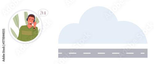 Male support agent with a speech bubble headset beside cloud and road. Ideal for customer service, cloud computing, connectivity, travel, communication, support, technology themes. Simple flat