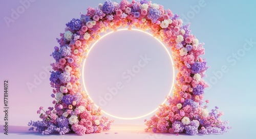 Circular frame adorned with abundant pink and purple blossoms featuring internal illumination