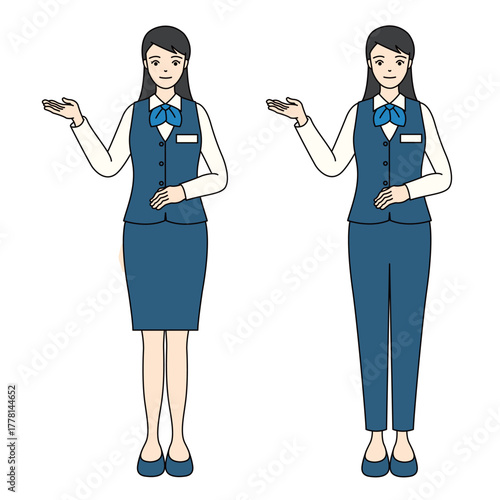 Full-body illustration of a smiling business woman in a uniform pointing or guiding