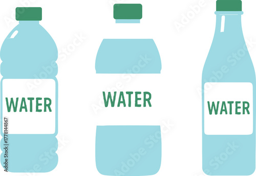 Illustration of Three Water Bottles in Different Shapes Representing Hydration and Healthy Lifestyle Choices