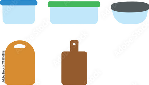 Kitchen Utensils Illustration Featuring Food Containers and Cutting Boards for Culinary Preparation and Storage