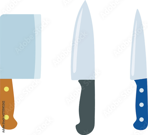 Set of Kitchen Knives for Culinary Arts and Professional Cooking Flat Vector Illustration