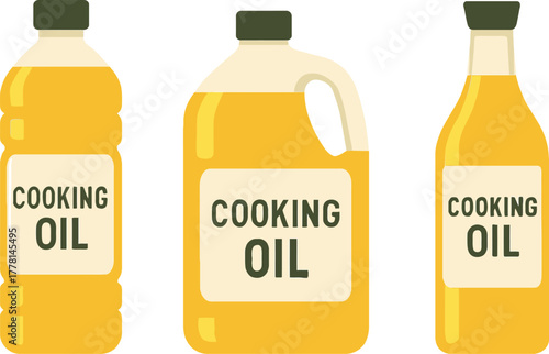 Three Bottles of Cooking Oil Illustration for Culinary Use in Different Shapes and Sizes