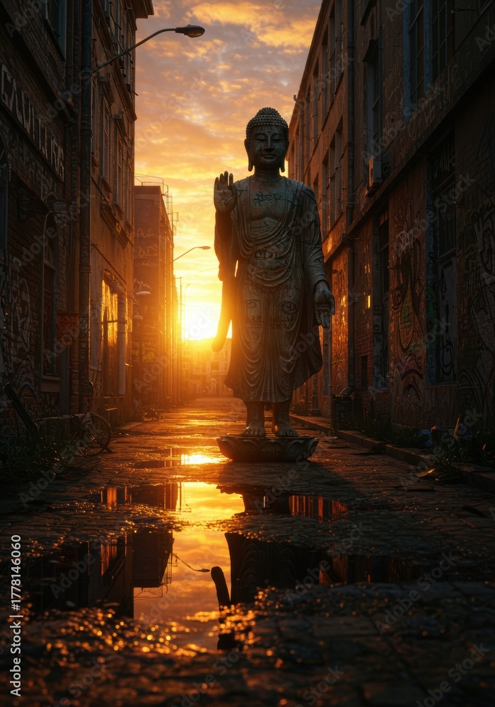 Fototapeta premium Serene Buddha Statue at Sunset in Urban Decay