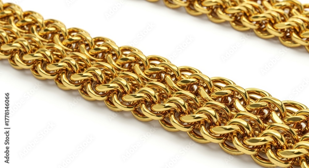 Obraz premium Brightly polished, intricate gold chain links are displayed diagonally on a clean white background