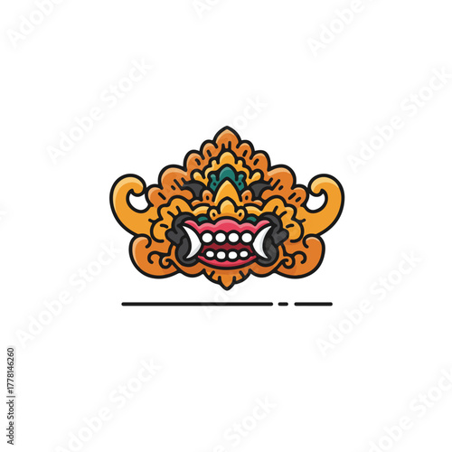 Balinese barong mask symbolizes indonesian culture. Suitable for travel blogs, interior dcor, cultural websites, and educational materials about balinese traditions.