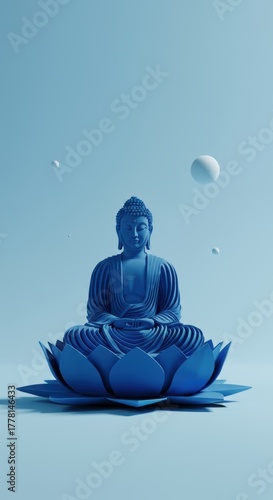 Serene Blue Buddha Statue on Lotus Flower - 3D Render