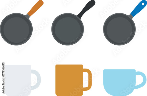 Vector illustration of cookware and coffee mugs for cooking and serving isolated on white background