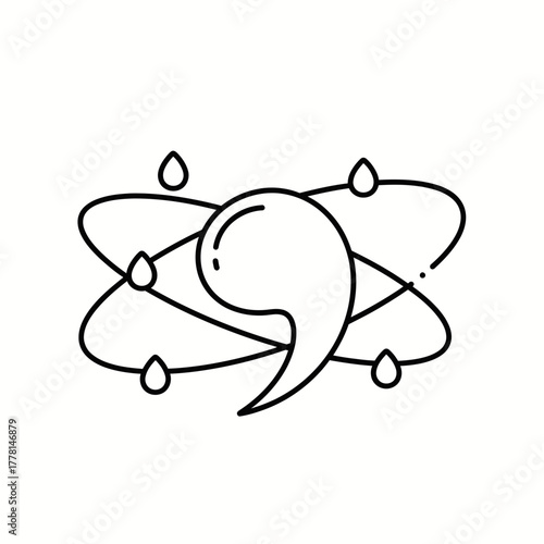 Comma symbol with orbiting water droplets and atomic orbits.