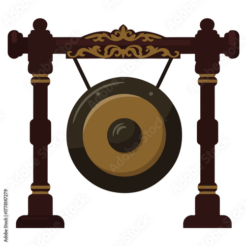 Javanese gamelan gong in wooden frame for cultural, traditional, music, indonesia, asian, instrument, percussion, performance, orchestra, music background.
