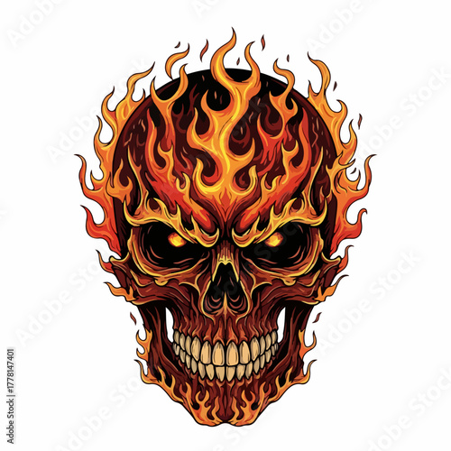 Fiery Skull Illustration with Intense Flames and Detailed Features