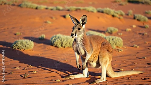 Kangaroo standing tall in the australian outback with shrubs and red sand landscape behind it kangaroo video