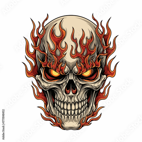 Fiery Skull with Intense Eyes and Flaming Hair, a Symbol of Danger and Power