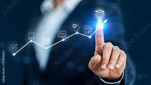 AI powered personalized E-Learning concept. Digital transformation of education through personalized E-Learning by AI and machine learning. Online education, skill development and graduation.