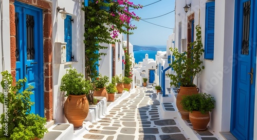 Fototapeta Naklejka Na Ścianę i Meble -  A beautiful illustration of a scenic alley in a classic Greek village with white walls and blue doors