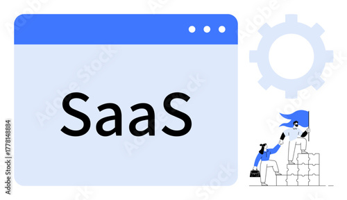 SaaS displayed in web browser interface with character stacking block pieces near large gear. Ideal for cloud technology, SaaS tools, efficiency, teamwork, innovation, strategy, simple flat metaphor