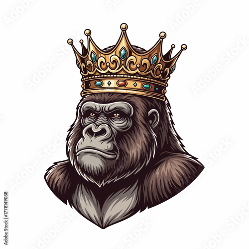 Majestic Gorilla King Wearing a Golden Crown, Symbolizing Power, Royalty, and Strength in the Animal Kingdom
