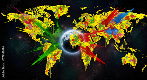 Vibrant world map art with splashes of color bringing continents to life against space background
