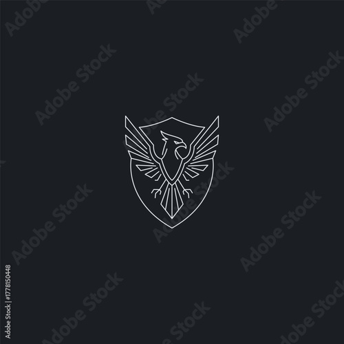 Shield and phoenix line art rebirth and protection bold logo design.
