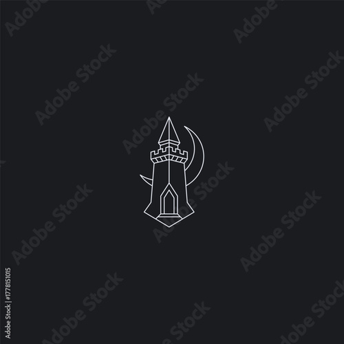 Tower and moon line art stronghold beneath calm night logo concept.