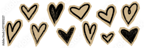 Set of grunge scrapbook hearts in hand drawn collage style. Black crayon and chalk texture on beige cutout paper background. Vintage scribble craft zine design. Vector illustration isolated