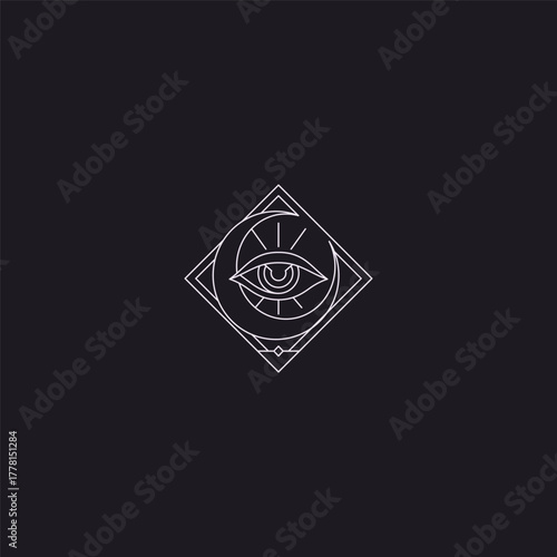 Eye and crescent line art visionary night guard logo design.