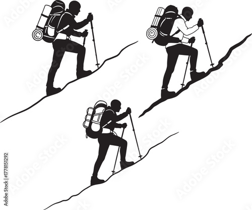 Three hikers with backpacks and poles climbing a steep mountain slope silhouette