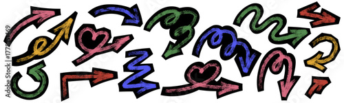 Set of grunge brush stroke scrapbook bold arrows in cutout collage style. Hand drawn crayon, chalk texture on black paper background. Vintage craft zine aesthetic. Vector illustration isolated