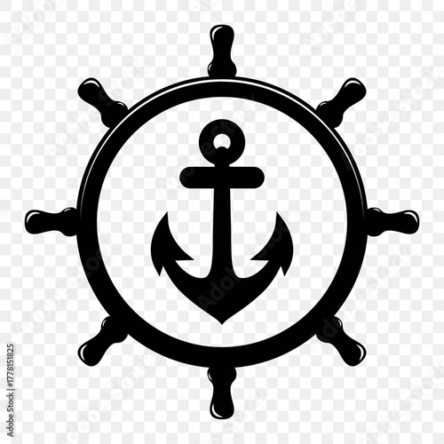 Vector Vintage Anchor and Ship Wheel. Nautical Marine Helm Icon, Retro Captain Tattoo Design, Sailing Club Logo, Maritime Adventure Emblem, Sea Navigation Symbol, Classic Ship Wheel Silhouette