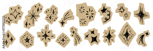 Grunge chalk hand drawn star and sparkle sticker set. Textured doodle celestial elements with rough edges. Cutout paper scrapbook sketch decoration in crayon modern style. Isolated vector illustration