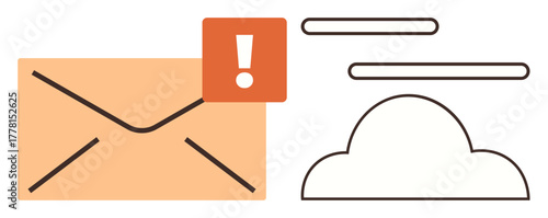 Envelope with alert exclamation icon and cloud symbol with lines representing data. Ideal for communication, update, alert, email, cloud storage, data sync, connectivity. Clean simple flat metaphor