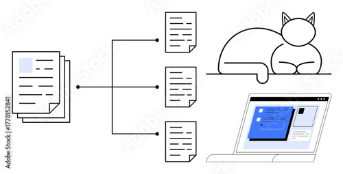 Documents branching into digital components, laptop screen with work overview, calm cat resting nearby. Ideal for organization, productivity, workflow, multitasking, simplicity, time management