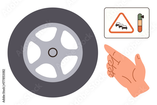 Hand gesturing toward a tire and traffic warning sign with congestion meter. Ideal for road safety, transportation, driving tips, cautionary messages, vehicle maintenance, educational visuals, simple