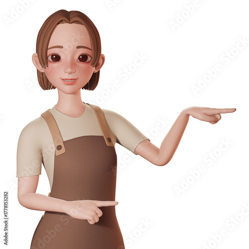 3D Portrait render of beautiful barista cartoon in brown wears. Pointing to right side with both hands. advertising, presentations, UIUX design, promotional materials.