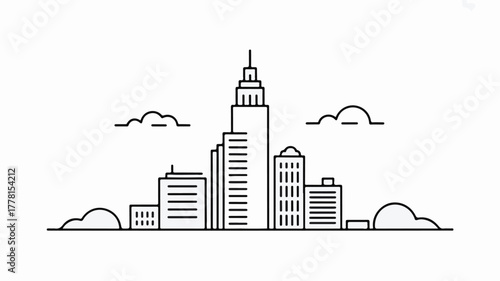 Modern city skyline with tall buildings and fluffy clouds in a clean line art style.