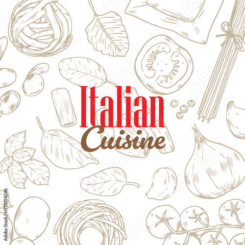 Hand drawn Italian cuisine cooking ingredients outline drawing illustration